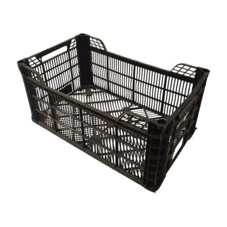 Zwarte kunststof agrikrat 500x300x240 mm, geperforeerd, gebruikt