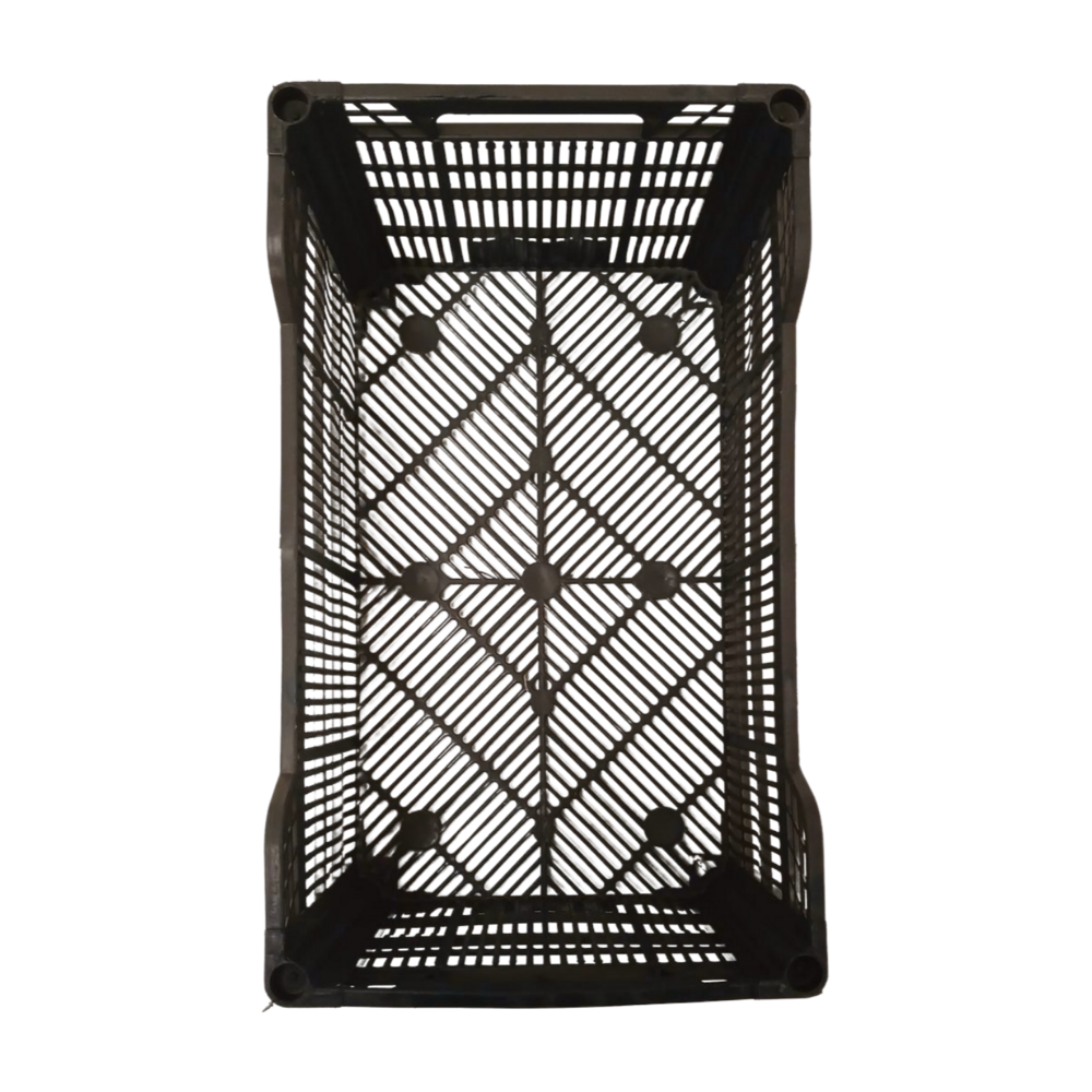 Zwarte kunststof agrikrat 500x300x240 mm, geperforeerd, gebruikt