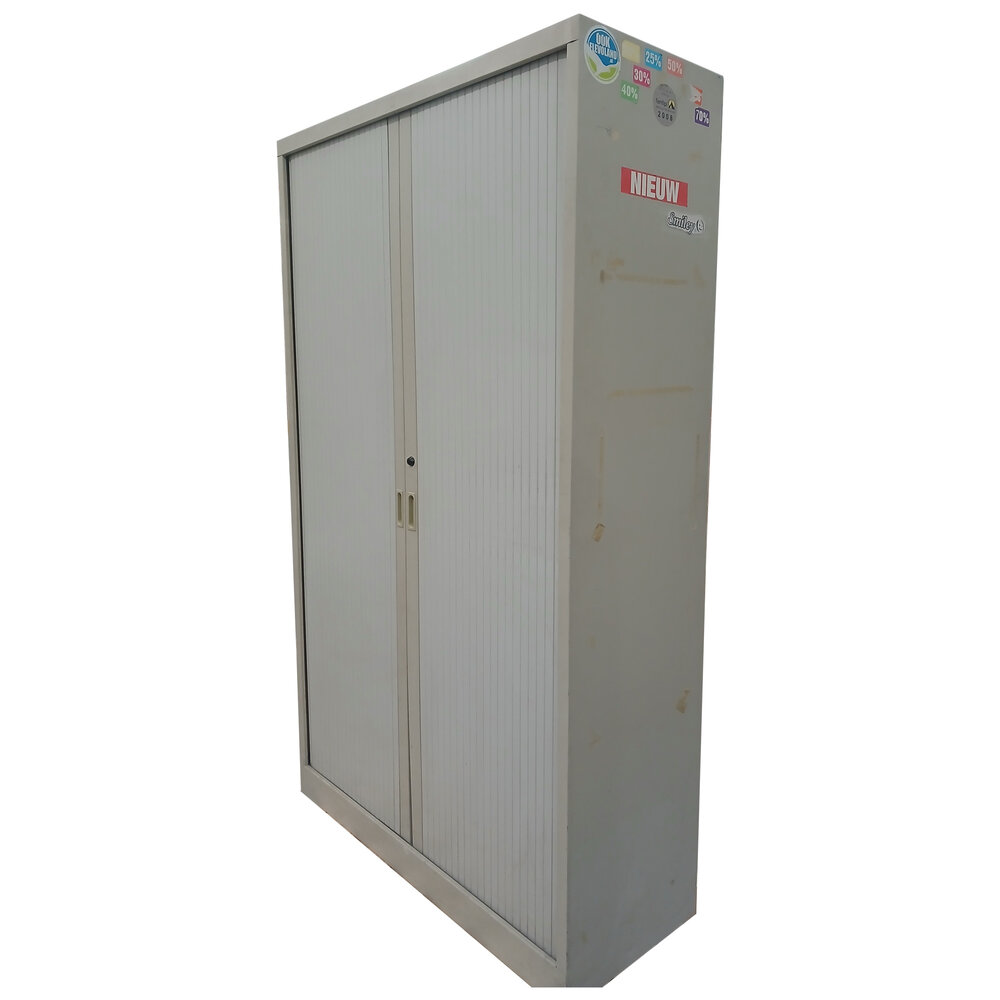 Emtrade Roldeurkast, lichtgrijs, 4 legborden, 197x120x45cm, gebruikt Emtrade Roldeurkast, lichtgrijs, 4 legborden, 197x120x45cm, gebruikt