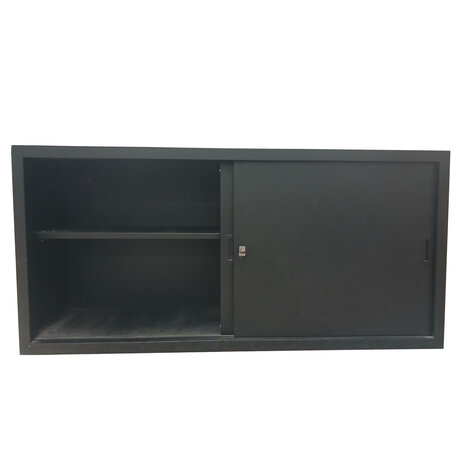 Emtrade Lage schuifdeurkast, zwart, 2 legborden, incl 1 sleutel, 160x45x76cm, gebruikt Emtrade Lage schuifdeurkast, zwart, 2 legborden, incl 1 sleutel, 160x45x76cm, gebruikt
