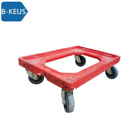 Kunststof dolly rood 610x410x170 mm, zwenkwielen, Euronorm 600x400mm, gebruikt