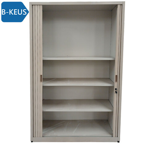 Roldeurkast 4 legborden 120x47x195 cm grijs, inclusief 2 sleutels, gebruikt