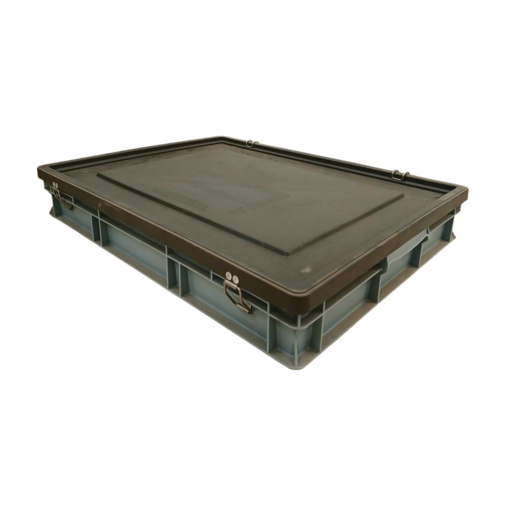 Emtrade Stapelbak met deksel, 800x600x120 mm, euronorm, grijs kunststof, gebruikt