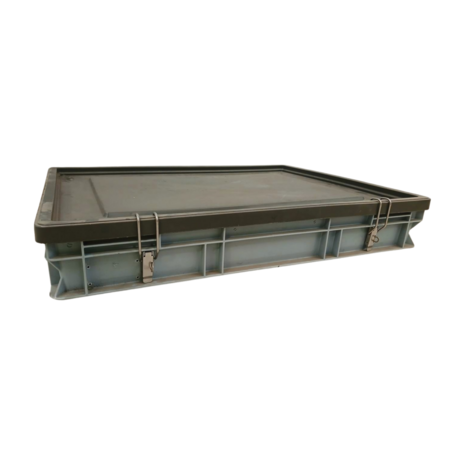 Emtrade Stapelbak met deksel, 800x600x120 mm, euronorm, grijs kunststof, gebruikt