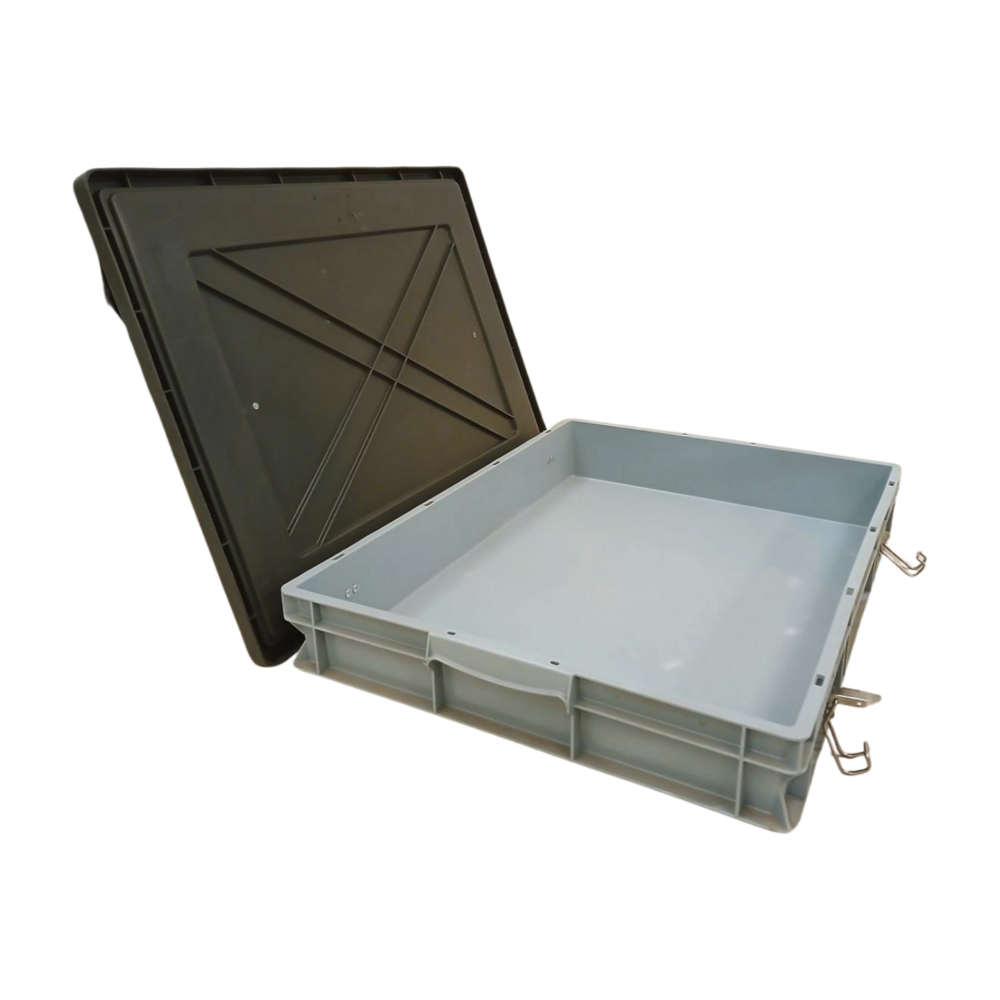 Emtrade Stapelbak met deksel, 800x600x120 mm, euronorm, grijs kunststof, gebruikt