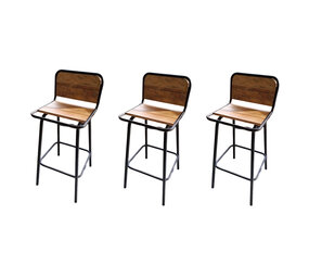 Emtrade Set van 3 barkrukken,  zwart met houten zitting en rugleuning, industrieel ontwerp, gebruikt