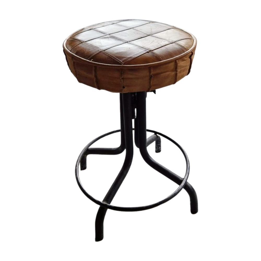 Kruk met Leren Zitting (Set van 5),  Verstelbare Hoogte, Vintage Industrieel Design, Gebruikt