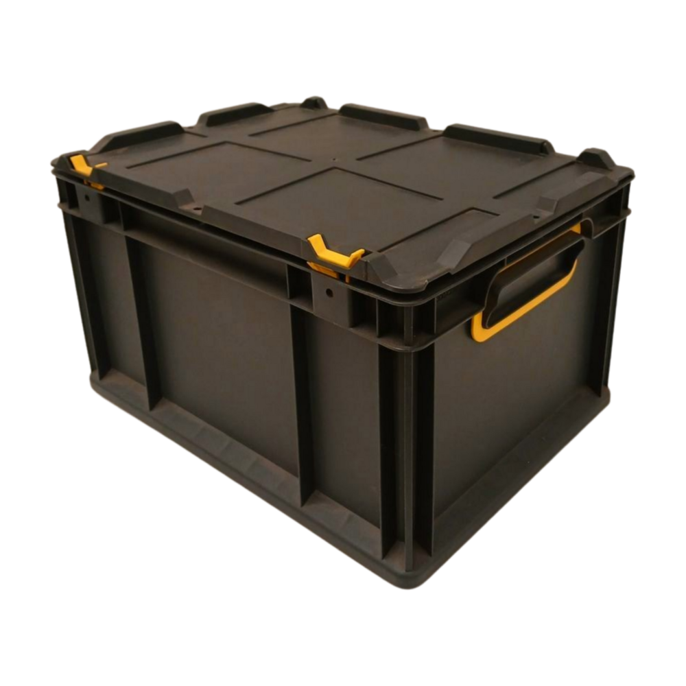 Stapelbak met scharnierdeksel 400x300x220 mm PP05 zwart, nieuw