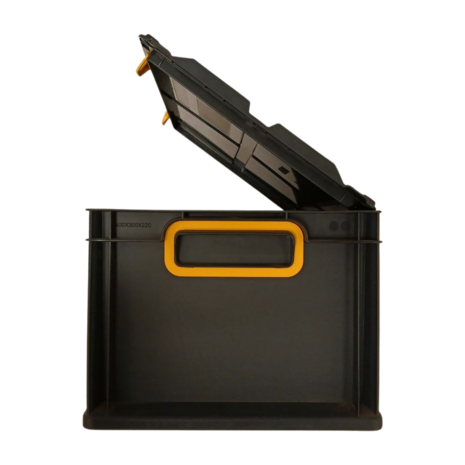 Stapelbak met scharnierdeksel 400x300x220 mm PP05 zwart, nieuw