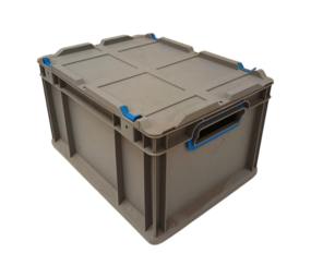 Stapelbak met deksel, 400x300x220 mm, euronorm, grijs pp, nieuw Stapelbak met deksel, 400x300x220 mm, euronorm, grijs pp, nieuw