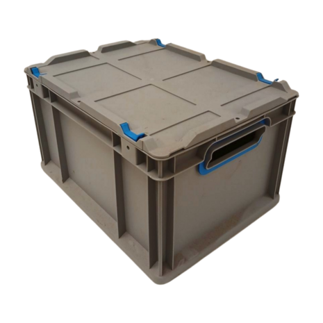 Stapelbak met deksel, 400x300x220 mm, euronorm, grijs pp, nieuw Stapelbak met deksel, 400x300x220 mm, euronorm, grijs pp, nieuw