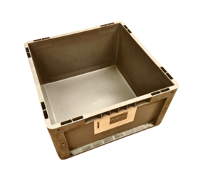 Emtrade Kunststof stapelbak 400x400x220mm vierkant, gesloten, verstevigd, grijs, gebruikt Emtrade Kunststof stapelbak 400x400x220mm vierkant, gesloten, verstevigd, grijs, gebruikt