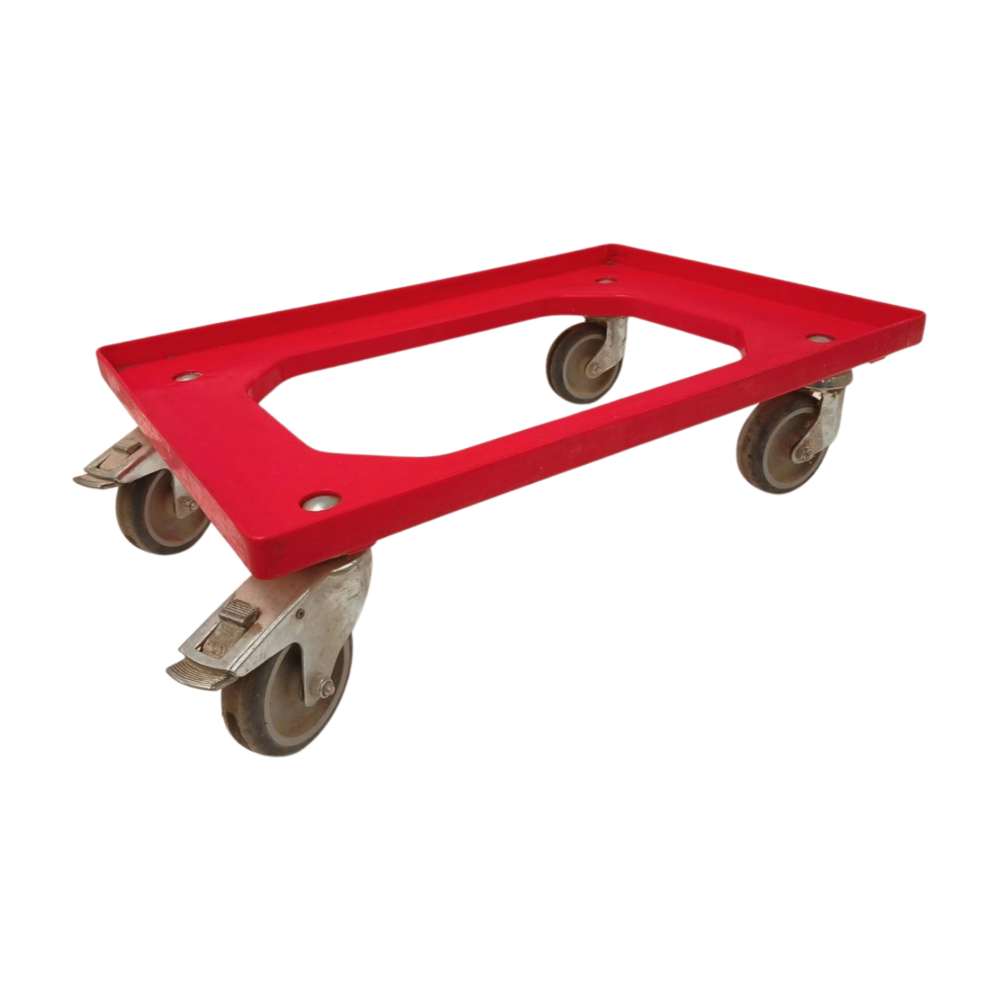 Emtrade Dolly 60x40x15 rood met 2 zwenkwielen en 2 wielen met rem, gebruikt