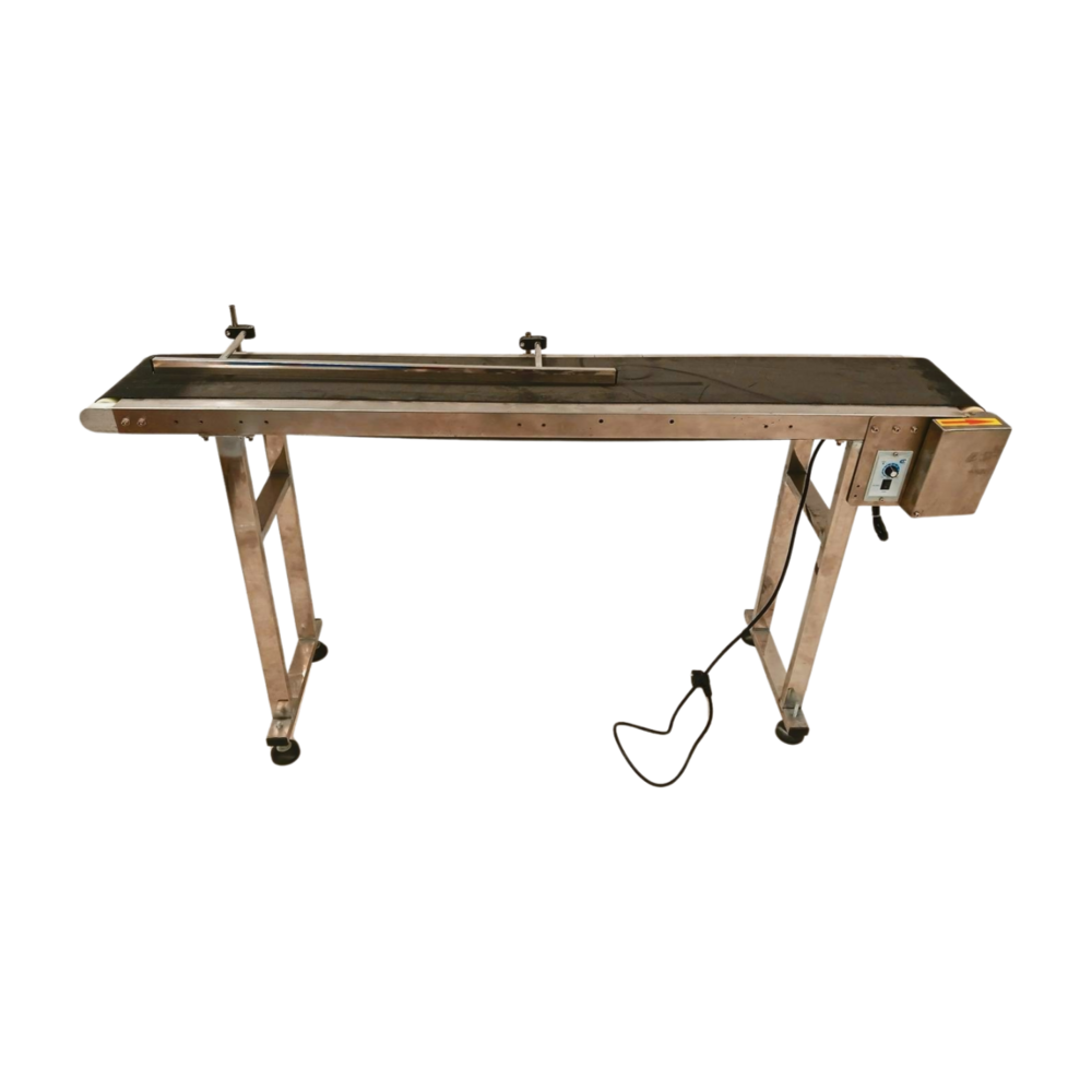 Emtrade Gemotoriseerde gordeltransporter, 147 cm, roestvrij staal, antistatisch PVC, enkele leuning, gebruikt