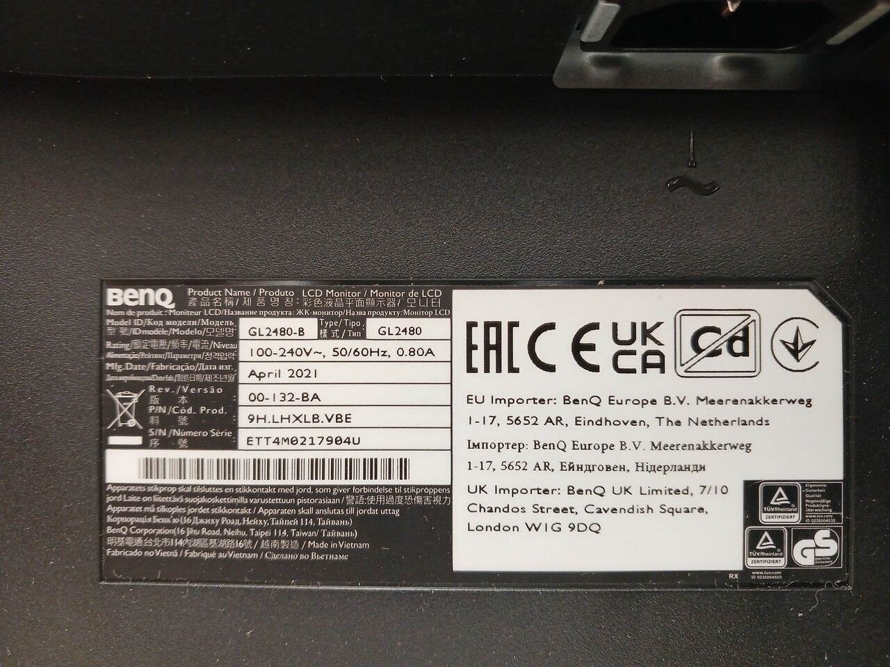 Benq BenQ GL2480 Monitor, 24 inch, TN, LED, 1920x1080, 60/75Hz, HDMI/VGA/DVI, gebruikt