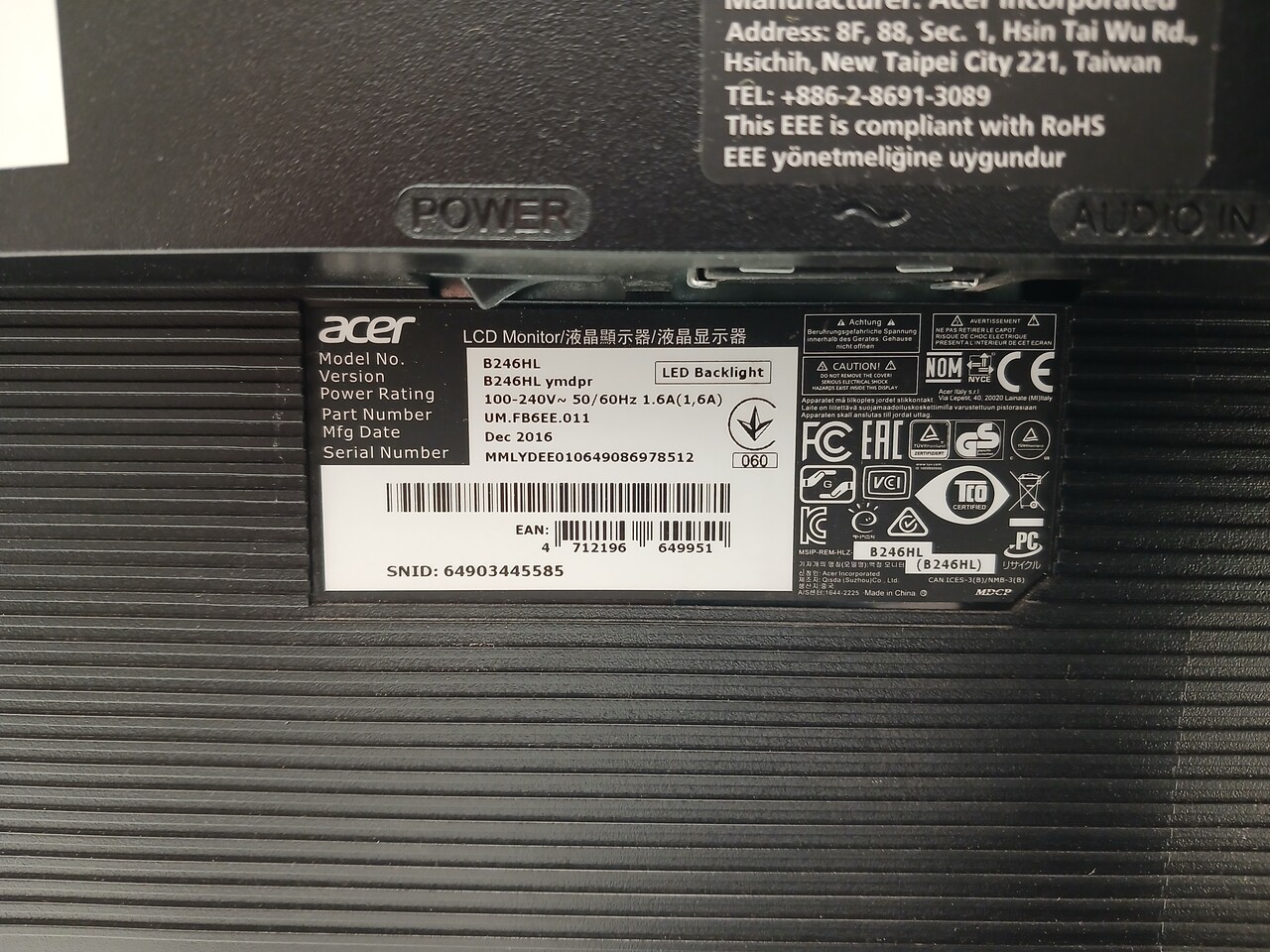 Acer Acer V246HL BD Monitor, 24 inch, TN, Full HD 60Hz, gebruikt