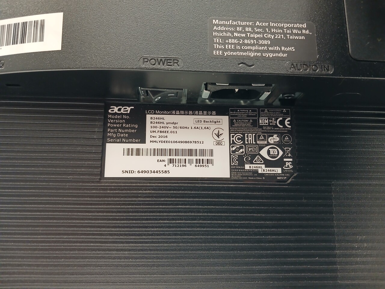 Acer Acer V246HL BD Monitor, 24 inch, TN, Full HD 60Hz, gebruikt