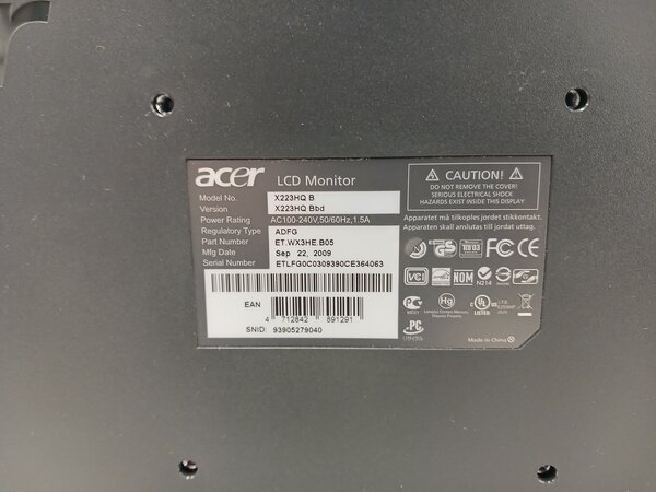 Acer Acer X223HQ Monitor, 21,5 inch, TN, Full HD 75Hz, Zwart, Gebruikt