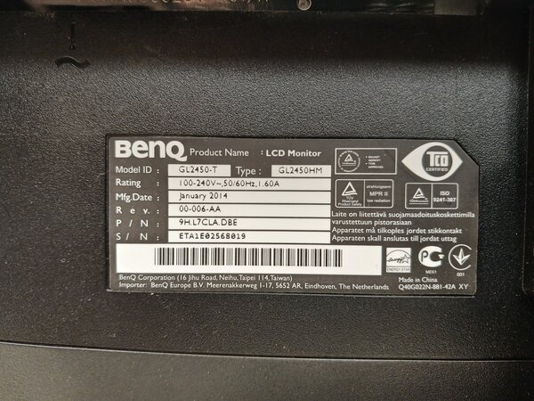 Benq BenQ GL2450 Monitor, 24 inch, TN, Full HD, 60Hz, zwart, gebruikt
