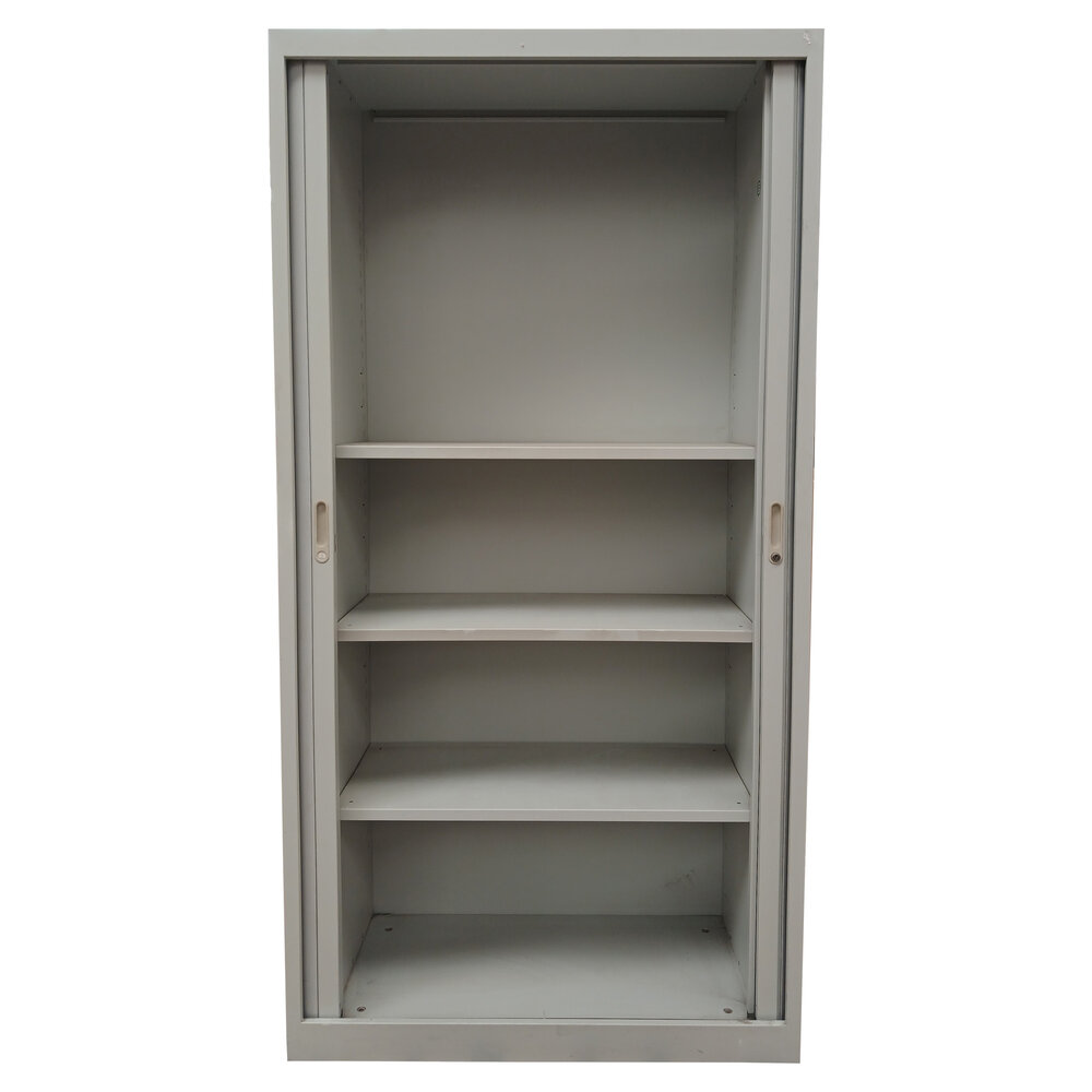 Emtrade Roldeurkast 100x45x195 cm, staal, grijs, gebruikt, 3 legborden, zonder sleutel