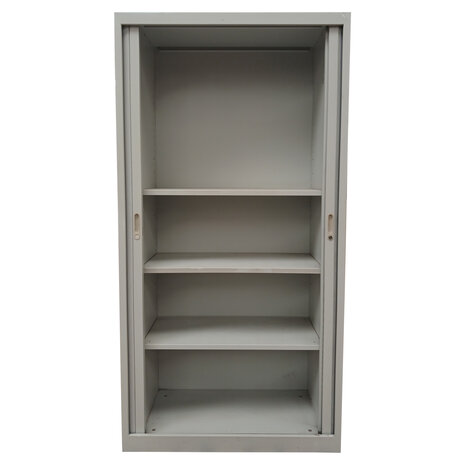 Emtrade Roldeurkast 100x45x195 cm, staal, grijs, gebruikt, 3 legborden, zonder sleutel