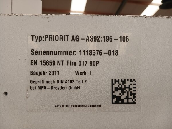 Priorit AG Brandwerende archief- en documentkast h196 x b106 x d49 cm, gebruikt