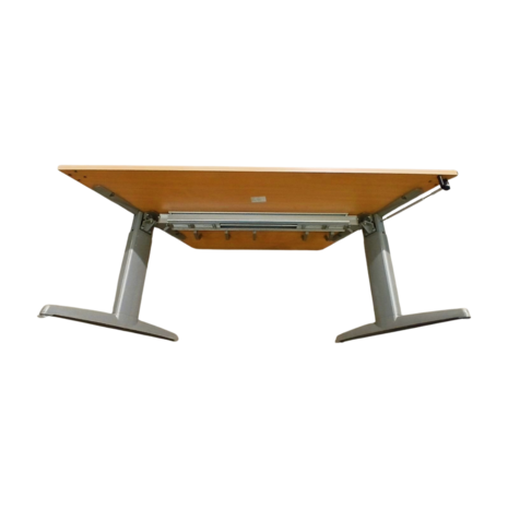 Emtrade Bureaus trapeziumvorm, 160x80 cm, houten blad, metalen frame, gebruikt, set van 6
