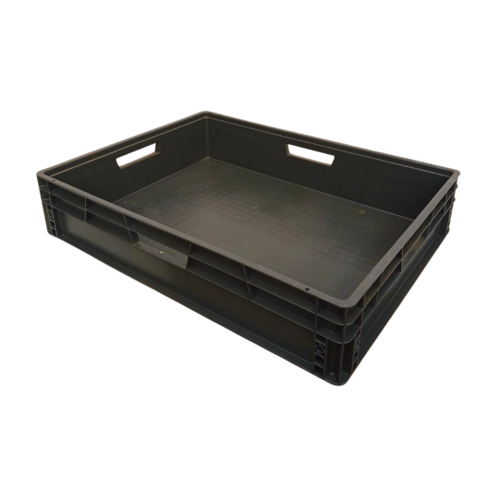 Emtrade Stapelbak 800x600x168 mm, donkergrijs PP kunststof, gesloten, gebruikt, 4 handgrepen