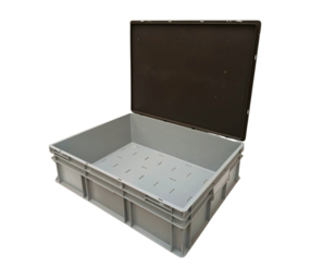 Emtrade Stapelbak met deksel, 800x600x230 mm, euronorm met geperforeerde bodem, grijs pp, gebruikt