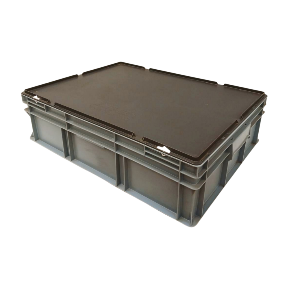 Emtrade Stapelbak met deksel, 800x600x230 mm, euronorm met geperforeerde bodem, grijs pp, gebruikt