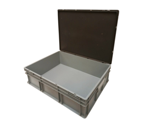 Emtrade Stapelbak met deksel, 800x600x230 mm, euronorm, grijs pp, gebruikt Emtrade Stapelbak met deksel, 800x600x230 mm, euronorm, grijs pp, gebruikt