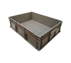Emtrade Stapelbak, 800x600x220 mm, euronorm geperforeerde bodem, grijs pp, gebruikt