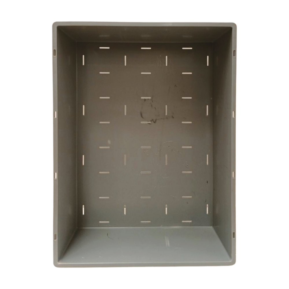 Emtrade Stapelbak, 800x600x220 mm, euronorm geperforeerde bodem, grijs pp, gebruikt