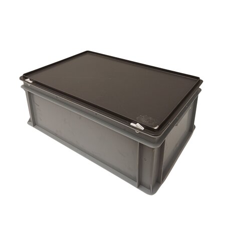 Emtrade Stapelbak 600x400x230 mm, euronorm, met scharnierdeksel, geperforeerde bodem, grijs pp kunststof, gebruikt Emtrade Stapelbak 600x400x230 mm, euronorm, met scharnierdeksel, geperforeerde bodem, grijs pp kunststof, gebruikt