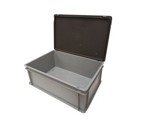 Emtrade Stapelbak 600x400x230 mm, euronorm, met scharnierdeksel, geperforeerde bodem, grijs pp kunststof, gebruikt Emtrade Stapelbak 600x400x230 mm, euronorm, met scharnierdeksel, geperforeerde bodem, grijs pp kunststof, gebruikt