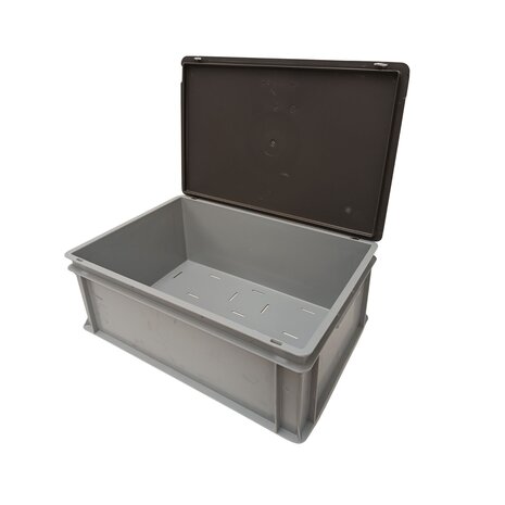 Emtrade Stapelbak 600x400x230 mm, euronorm, met scharnierdeksel, geperforeerde bodem, grijs pp kunststof, gebruikt Emtrade Stapelbak 600x400x230 mm, euronorm, met scharnierdeksel, geperforeerde bodem, grijs pp kunststof, gebruikt
