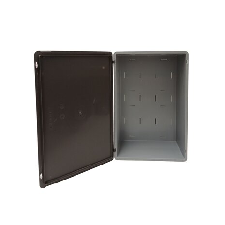 Emtrade Stapelbak 600x400x230 mm, euronorm, met scharnierdeksel, geperforeerde bodem, grijs pp kunststof, gebruikt Emtrade Stapelbak 600x400x230 mm, euronorm, met scharnierdeksel, geperforeerde bodem, grijs pp kunststof, gebruikt