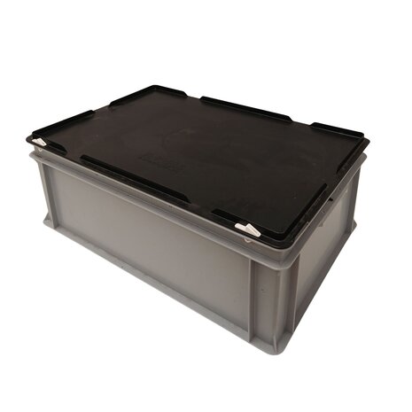 Emtrade Stapelbak 600x400x230 mm, euronorm, met scharnierdeksel, gesloten bodem, grijs pp kunststof, gebruikt Emtrade Stapelbak 600x400x230 mm, euronorm, met scharnierdeksel, gesloten bodem, grijs pp kunststof, gebruikt