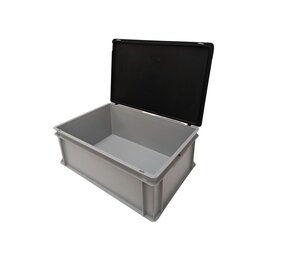Emtrade Stapelbak 600x400x230 mm, euronorm, met scharnierdeksel, gesloten bodem, grijs pp kunststof, gebruikt Emtrade Stapelbak 600x400x230 mm, euronorm, met scharnierdeksel, gesloten bodem, grijs pp kunststof, gebruikt