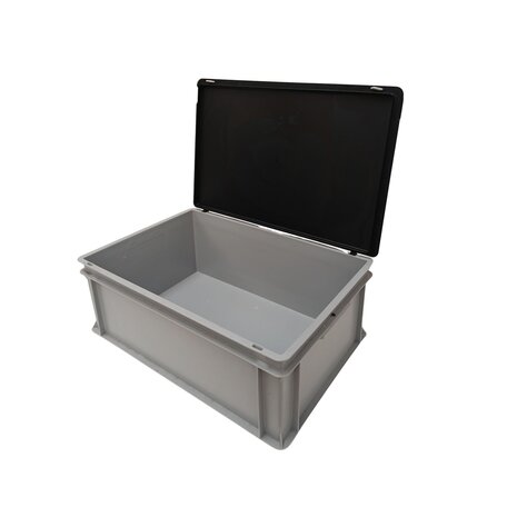 Emtrade Stapelbak 600x400x230 mm, euronorm, met scharnierdeksel, gesloten bodem, grijs pp kunststof, gebruikt Emtrade Stapelbak 600x400x230 mm, euronorm, met scharnierdeksel, gesloten bodem, grijs pp kunststof, gebruikt