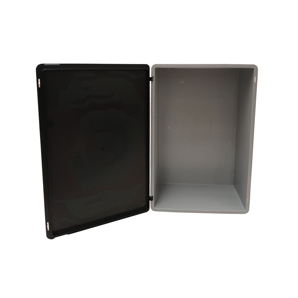 Emtrade Stapelbak 600x400x230 mm, euronorm, met scharnierdeksel, gesloten bodem, grijs pp kunststof, gebruikt Emtrade Stapelbak 600x400x230 mm, euronorm, met scharnierdeksel, gesloten bodem, grijs pp kunststof, gebruikt