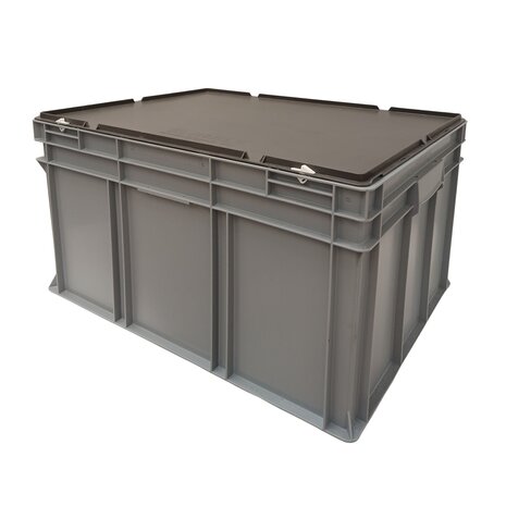 Emtrade Stapelbak 800x600x430 mm, euronorm, met scharnierdeksel, gesloten bodem, grijs pp kunststof, gebruikt Emtrade Stapelbak 800x600x430 mm, euronorm, met scharnierdeksel, gesloten bodem, grijs pp kunststof, gebruikt