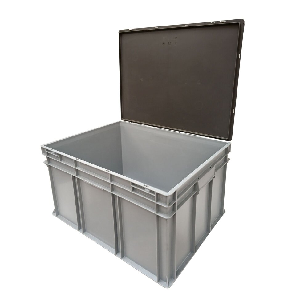 Emtrade Stapelbak 800x600x430 mm, euronorm, met scharnierdeksel, gesloten bodem, grijs pp kunststof, gebruikt Emtrade Stapelbak 800x600x430 mm, euronorm, met scharnierdeksel, gesloten bodem, grijs pp kunststof, gebruikt