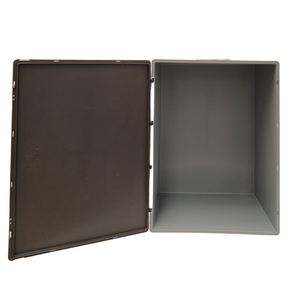 Emtrade Stapelbak 800x600x430 mm, euronorm, met scharnierdeksel, gesloten bodem, grijs pp kunststof, gebruikt Emtrade Stapelbak 800x600x430 mm, euronorm, met scharnierdeksel, gesloten bodem, grijs pp kunststof, gebruikt