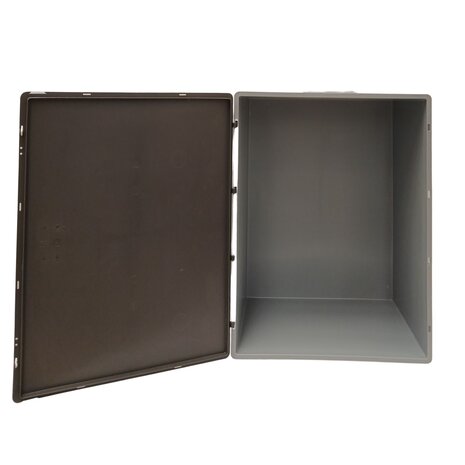 Emtrade Stapelbak 800x600x430 mm, euronorm, met scharnierdeksel, gesloten bodem, grijs pp kunststof, gebruikt Emtrade Stapelbak 800x600x430 mm, euronorm, met scharnierdeksel, gesloten bodem, grijs pp kunststof, gebruikt