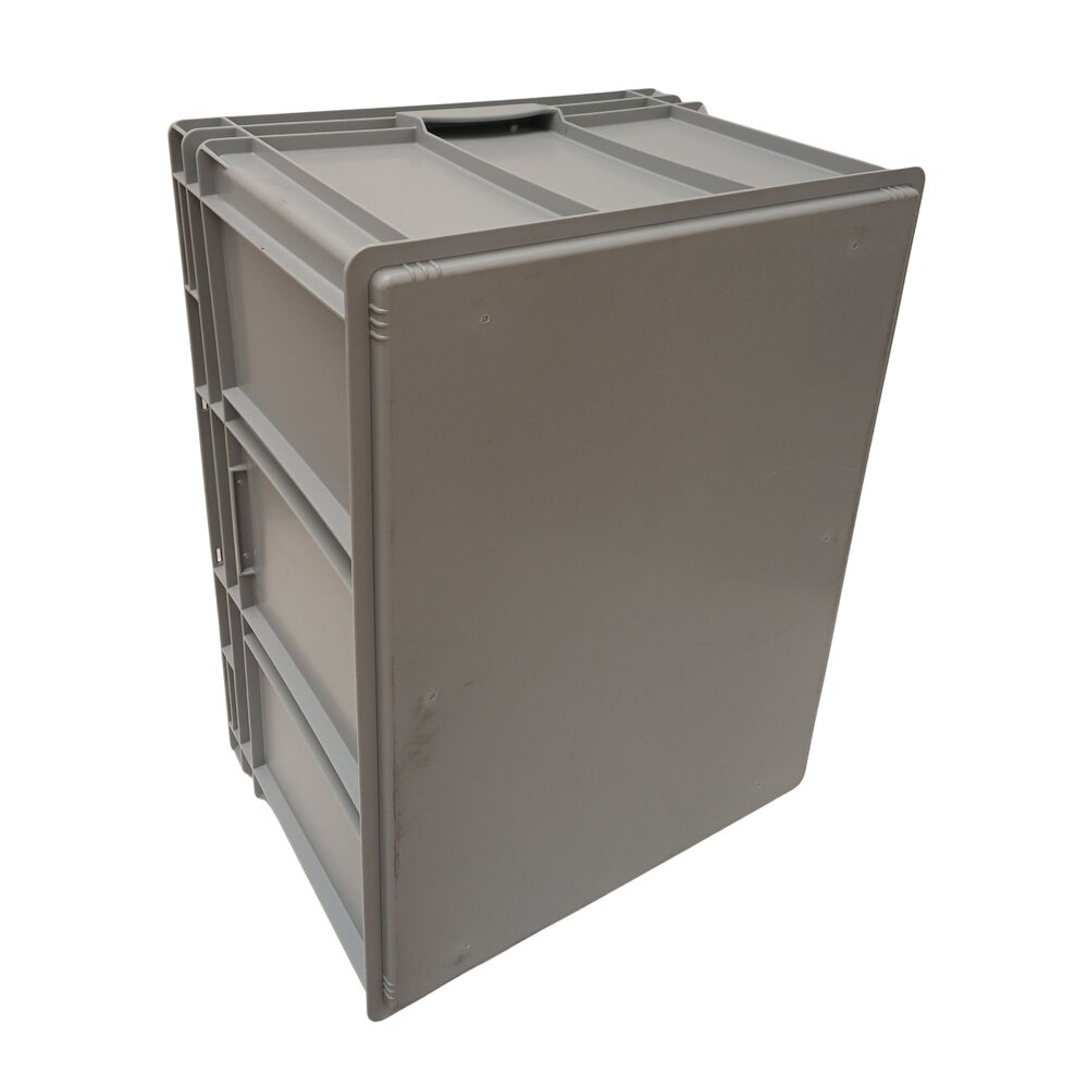 Emtrade Stapelbak 800x600x430 mm, euronorm, met scharnierdeksel, gesloten bodem, grijs pp kunststof, gebruikt Emtrade Stapelbak 800x600x430 mm, euronorm, met scharnierdeksel, gesloten bodem, grijs pp kunststof, gebruikt