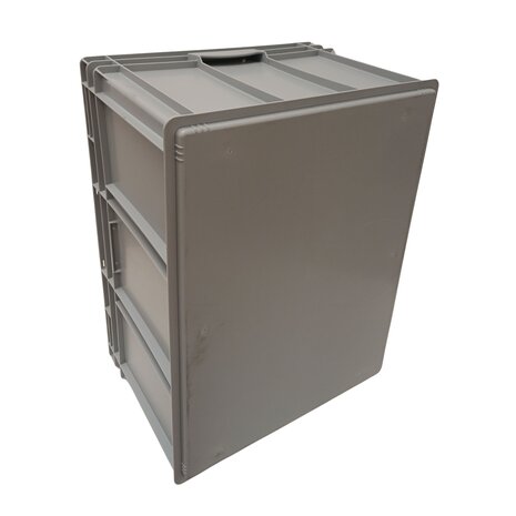 Emtrade Stapelbak 800x600x430 mm, euronorm, met scharnierdeksel, gesloten bodem, grijs pp kunststof, gebruikt Emtrade Stapelbak 800x600x430 mm, euronorm, met scharnierdeksel, gesloten bodem, grijs pp kunststof, gebruikt