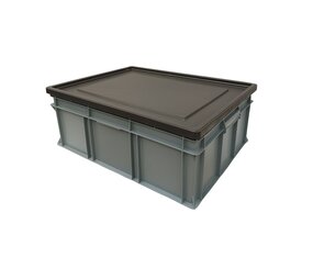 Engels Stapelbak met oplegdeksel, 800x600x320 mm, euronorm, grijs pp, gebruikt Engels Stapelbak met oplegdeksel, 800x600x320 mm, euronorm, grijs pp, gebruikt