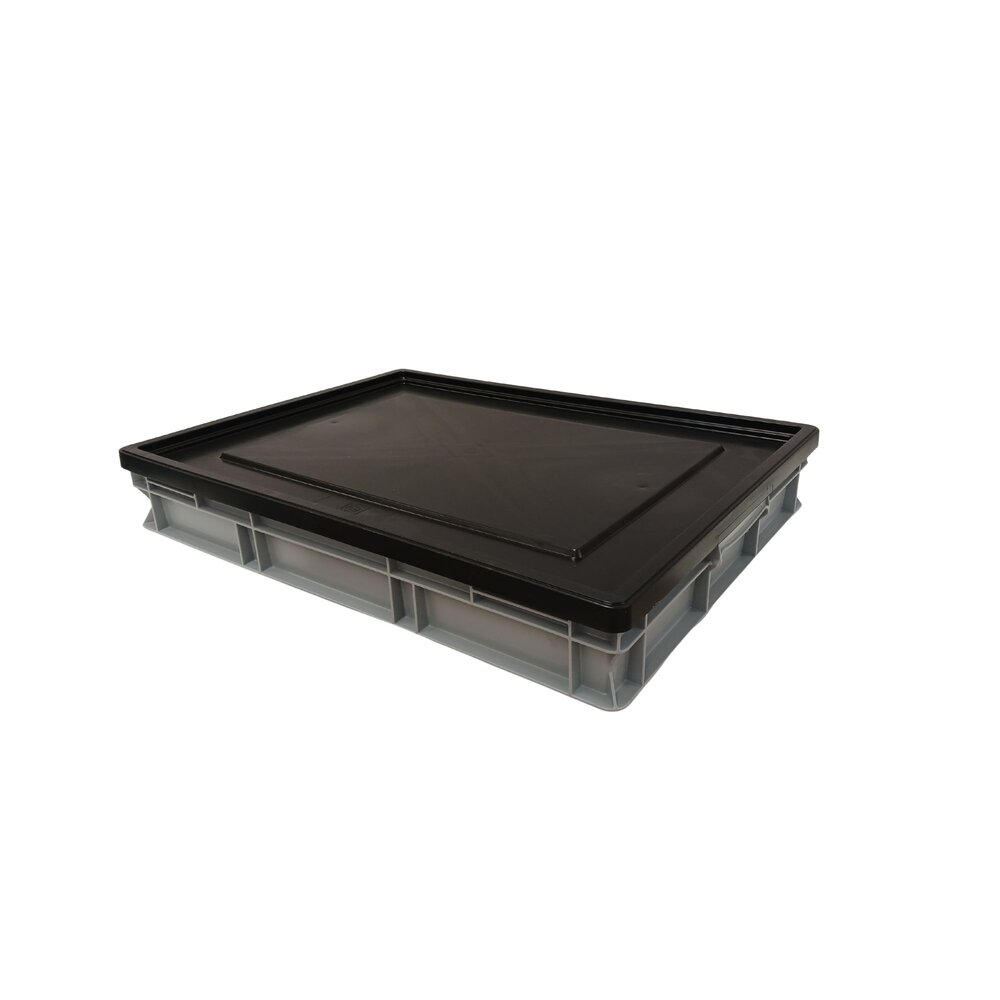 Emtrade Stapelbak 800x600x120 mm, euronorm, met oplegdeksel, grijs pp kunststof, gebruikt