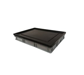 Emtrade Stapelbak 800x600x120 mm, euronorm, met oplegdeksel, grijs pp kunststof, gebruikt Emtrade Stapelbak 800x600x120 mm, euronorm, met oplegdeksel, grijs pp kunststof, gebruikt